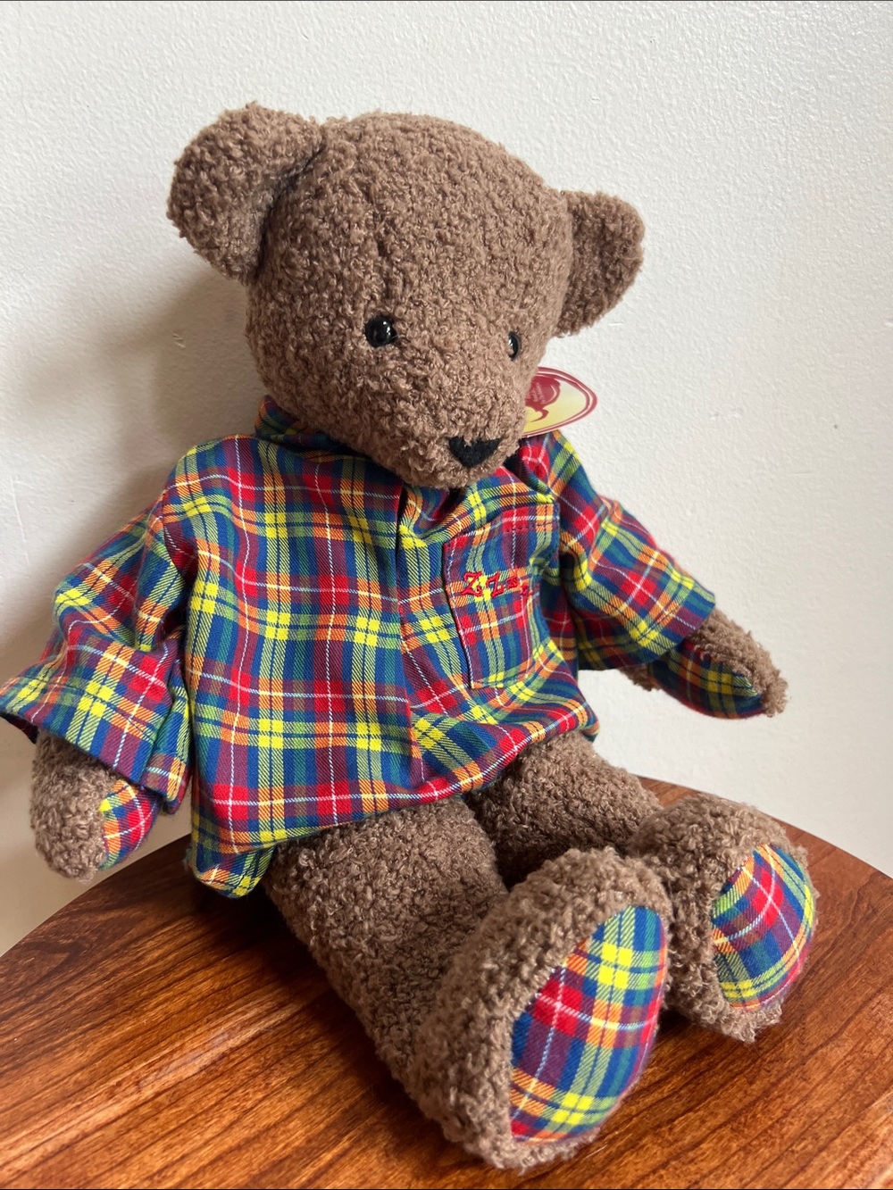 vintage Brown Plush Teddy Bear in Colorful Plaid Shirt 1995 Bay Beary classic